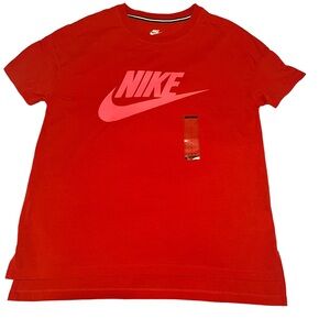 Red Nike Short Sleeve Shirt with Neon Pink Logo, Women’s Large